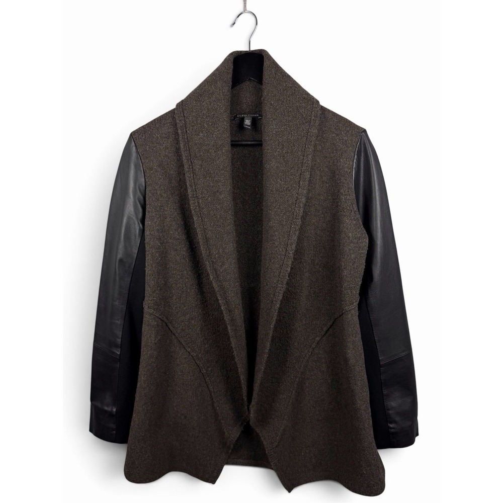 EILEEN FISHER 100% Leather Sleeve Wool Draped Sweater Jacket Brown Black Size XS